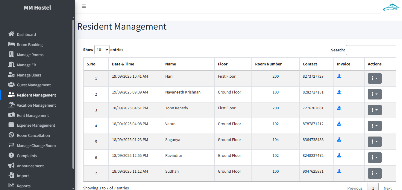 MM Hostel resident management system displaying a list of 7 current tenants, 
their check-in dates, floor plans, and contact information.